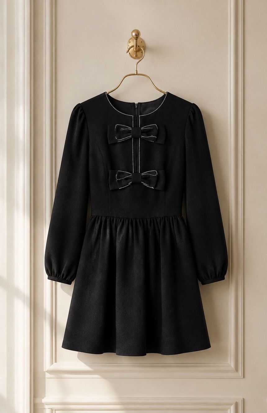 NWT Hyacinth House Blair Black Embellished Bow Long Sleeve Mini Dress, Small $17 - Picture 2 of 11